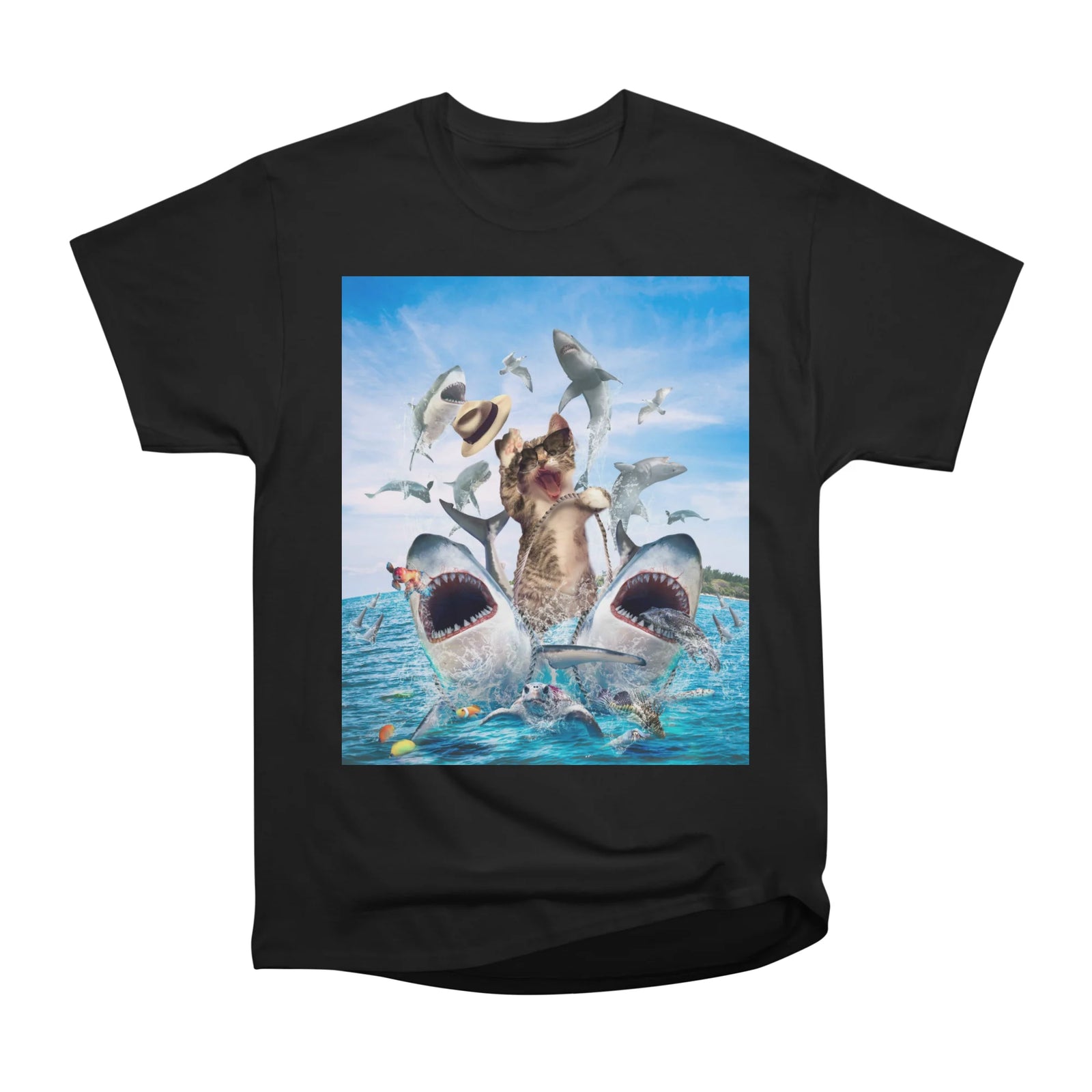 Cat Riding Sharks